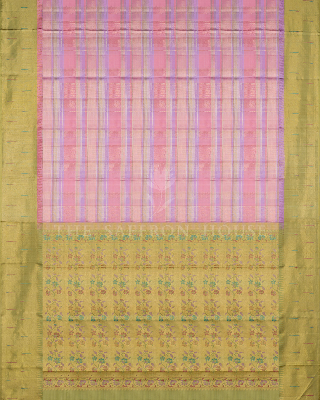 Blush Pink, Lavender And Olive Green Handwoven Kanjivaram Silk Saree - TSH250100