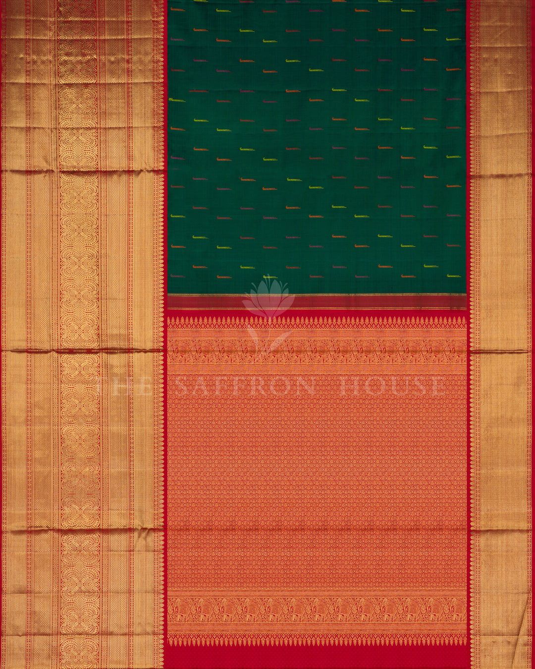 Bottle Green And Red Handwoven Kanjivaram Silk Saree - TSH000001