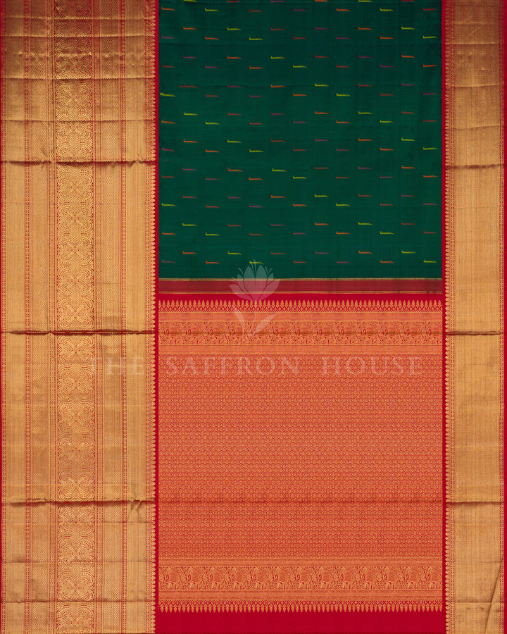 Bottle Green And Red Handwoven Kanjivaram Silk Saree - TSH000001