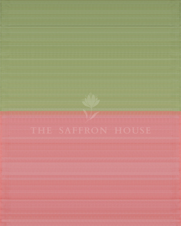 Leaf Green And Peach Pink Handwoven Borderless Kanjivaram Silk Saree - TSH250072