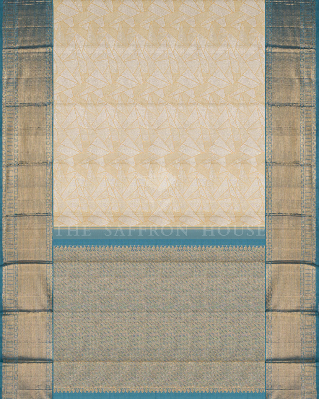 Creamy Beige And Teal Blue Handwoven Kanjivaram Silk Saree - TSH250003
