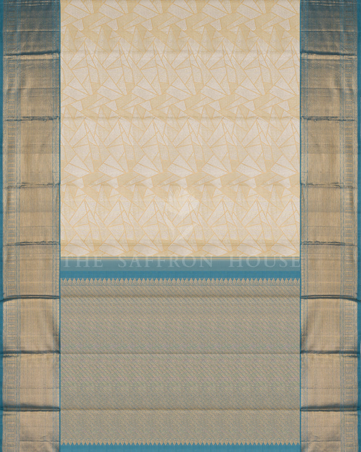 Creamy Beige And Teal Blue Handwoven Kanjivaram Silk Saree - TSH250003