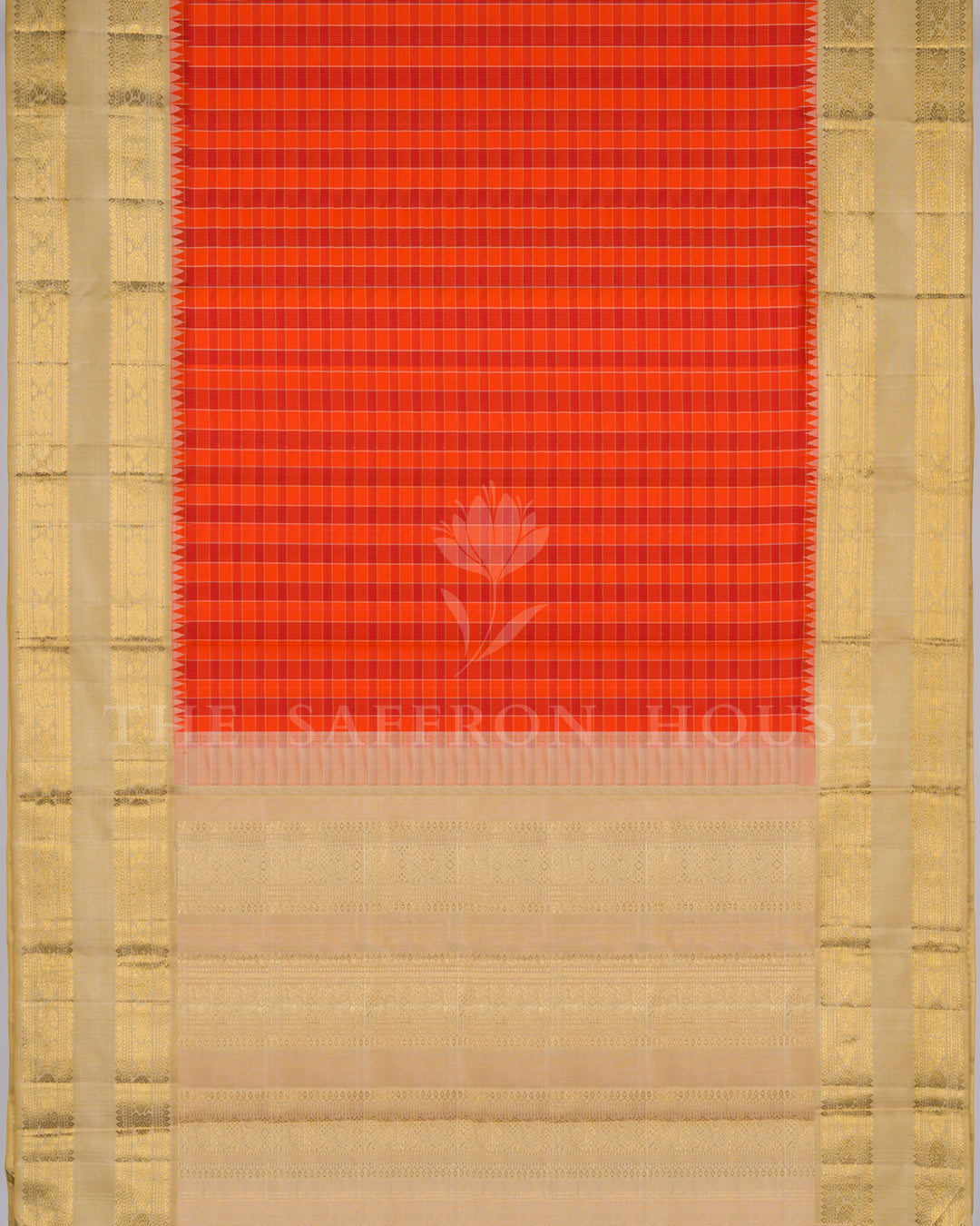 Orange And Ivory Handwoven Rettapet Kanjivaram Silk Saree - TSH250074