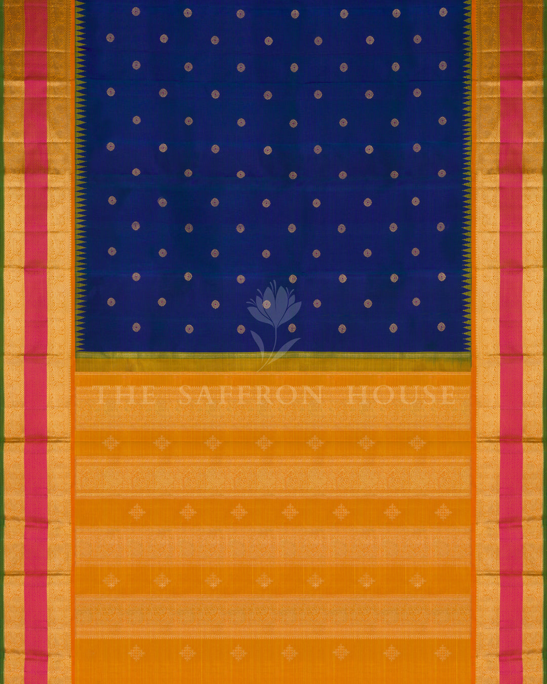 Royal Blue, Turmeric Yellow And Pink Handwoven Kanjivaram Silk Saree - TSH250047