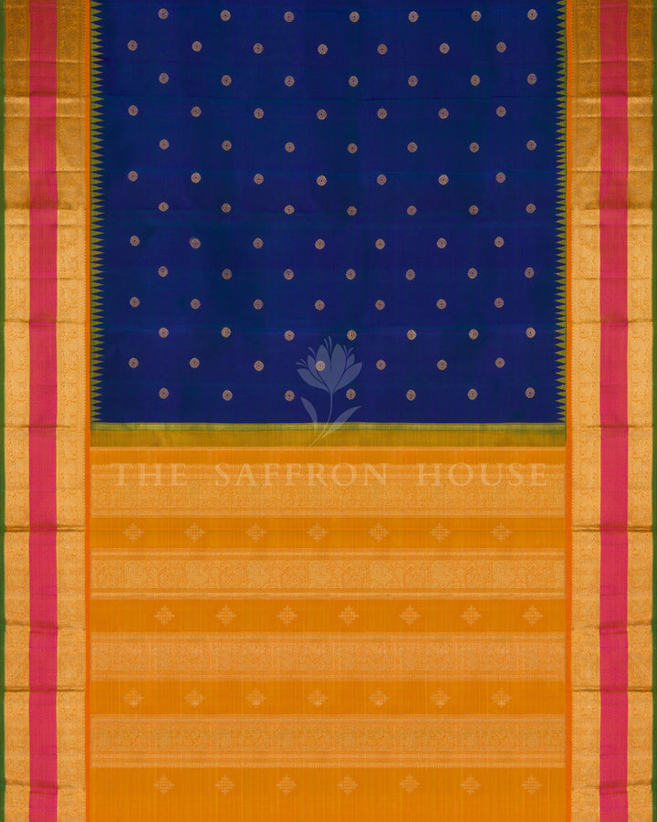 Royal Blue, Turmeric Yellow And Pink Handwoven Kanjivaram Silk Saree - TSH250047