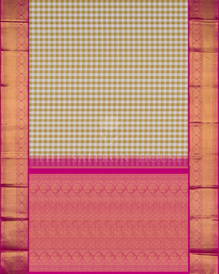 White, Mustard And Pink Handwoven Kanjivaram Silk Saree - TSH123
