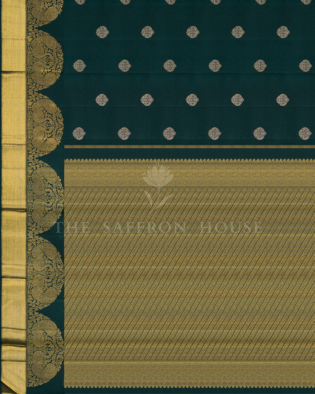 Bottle Green Handwoven Korvai Kanjivaram Silk Saree - TSH250019