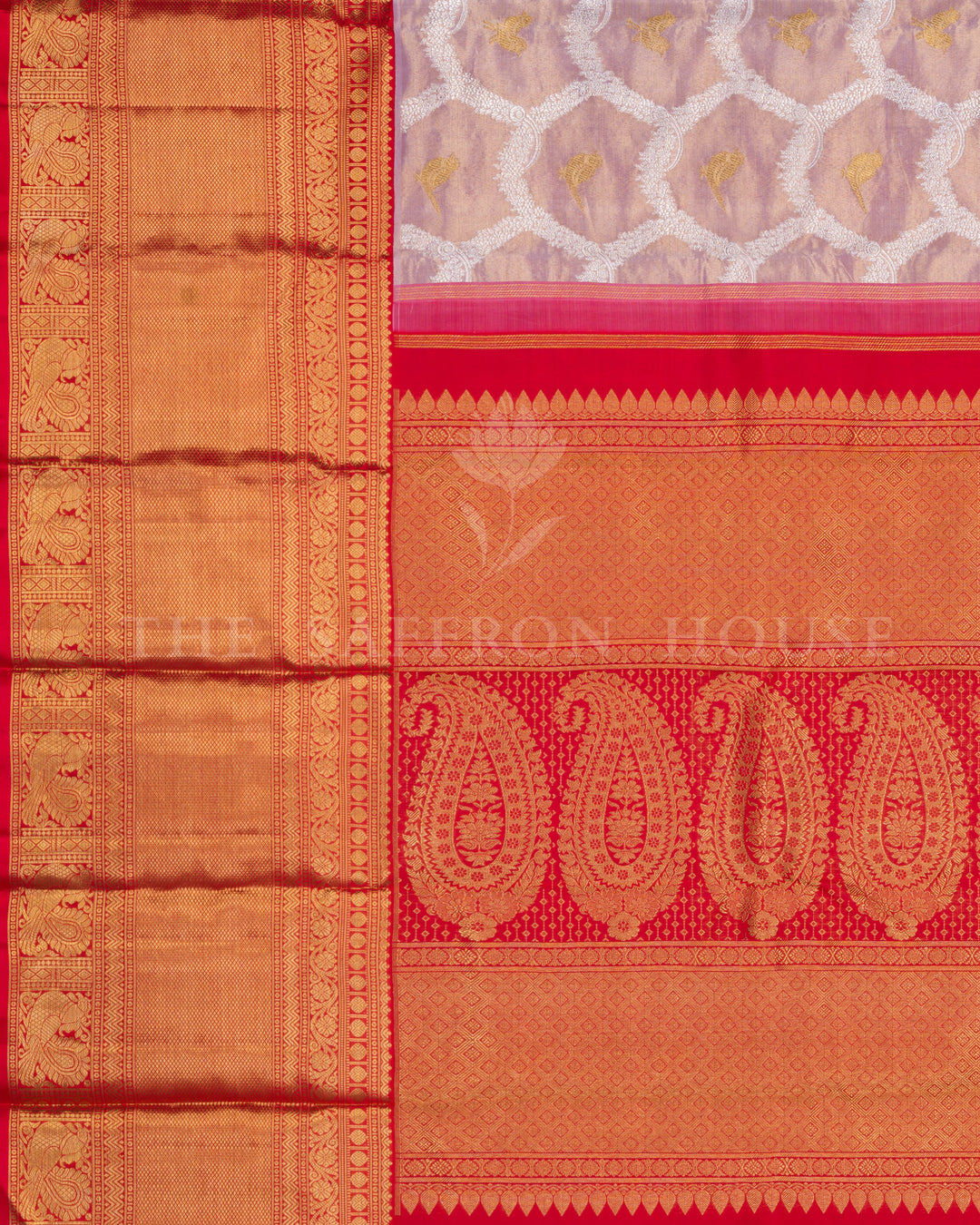 Rose Gold And Chilli Red Handwoven Kanjivaram Silk Saree - TSH250081
