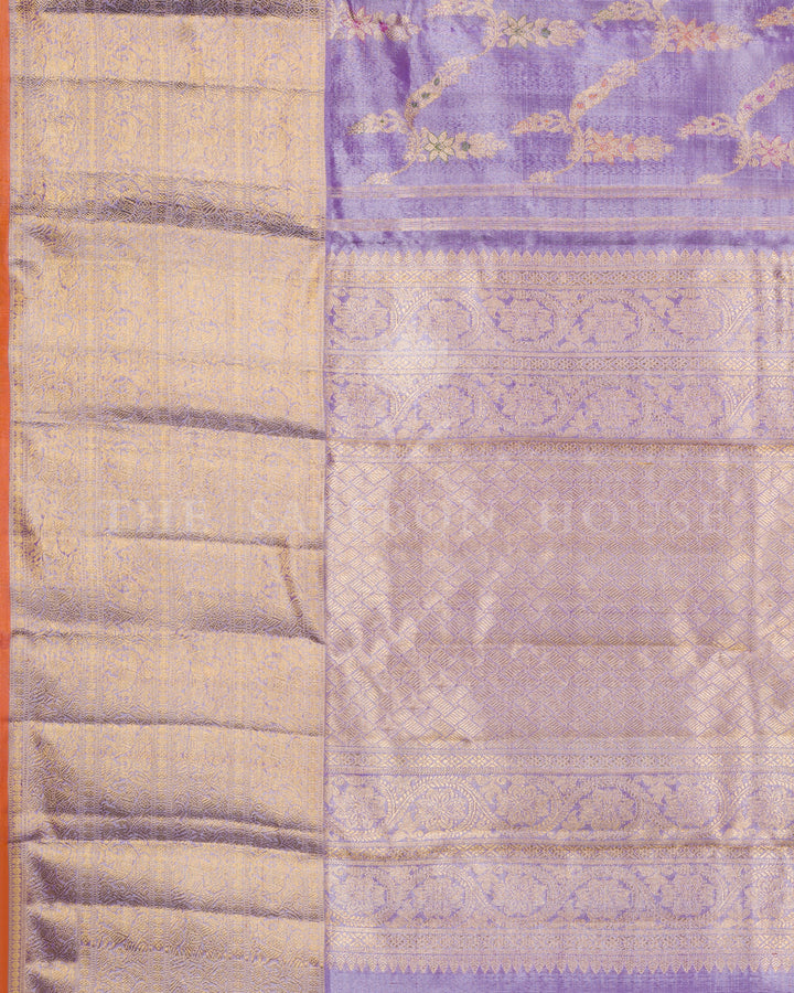 Lavender Handwoven Kanjivaram Silk Tissue Saree with Meenakari Work - TSH250087