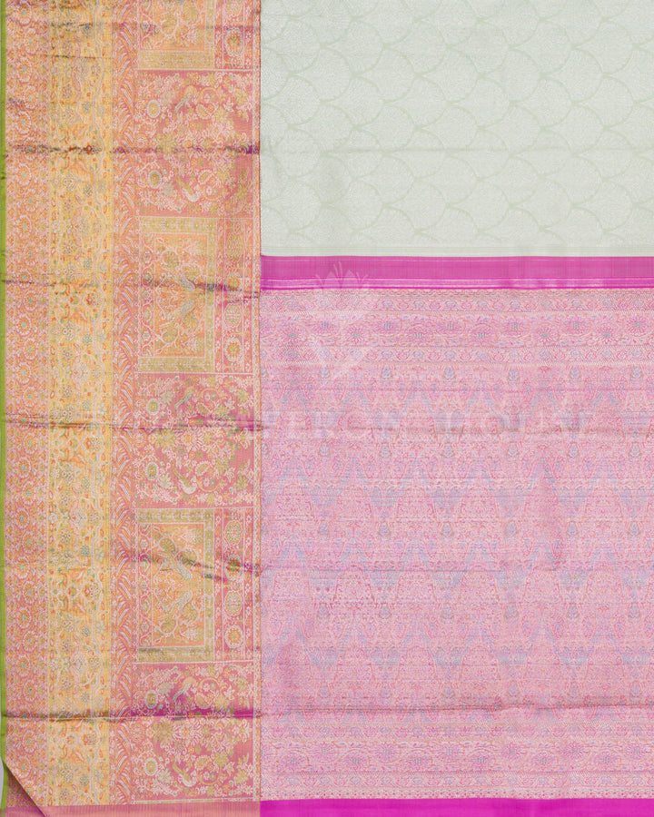 Pistachio Green Handwoven Jamdani Kanjivaram Silk Saree with Meenakari Work - TSH250088