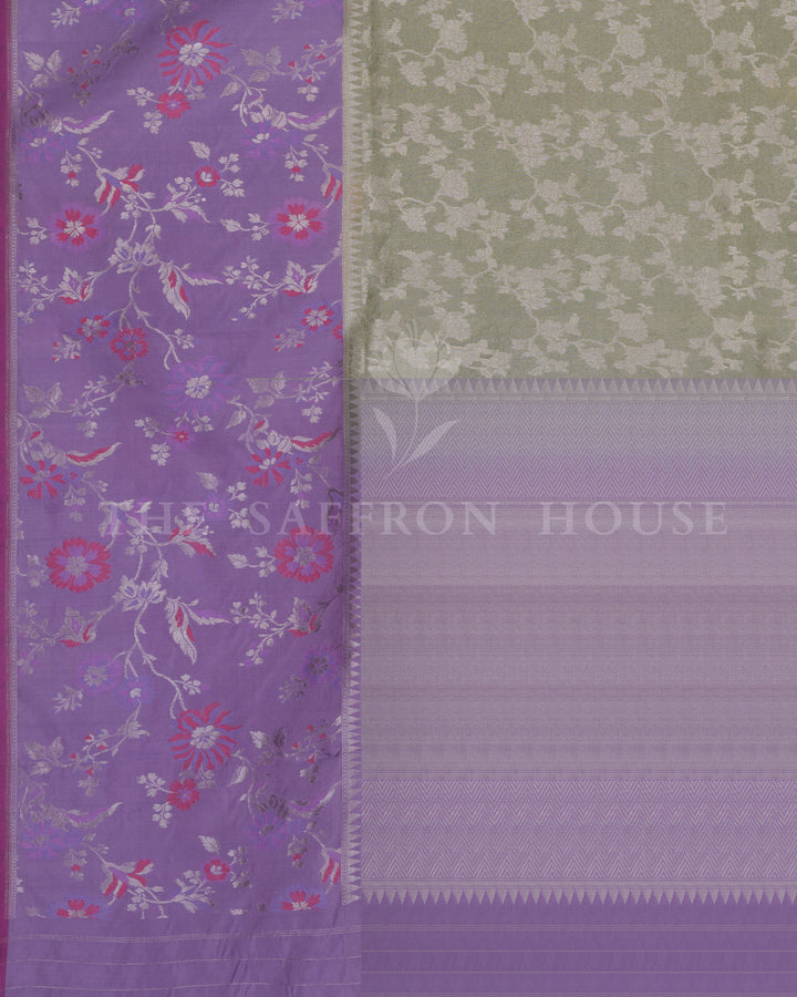 Pastel Olive And Lavender Handwoven Ektara Banaras Saree with Meenakari Work - TSH250512