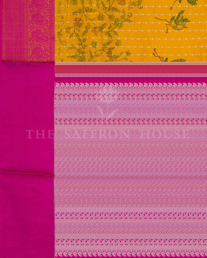 Mustard Yellow Printed Kanjivaram Silk Saree with Ganga Jamuna Border - TSH000010