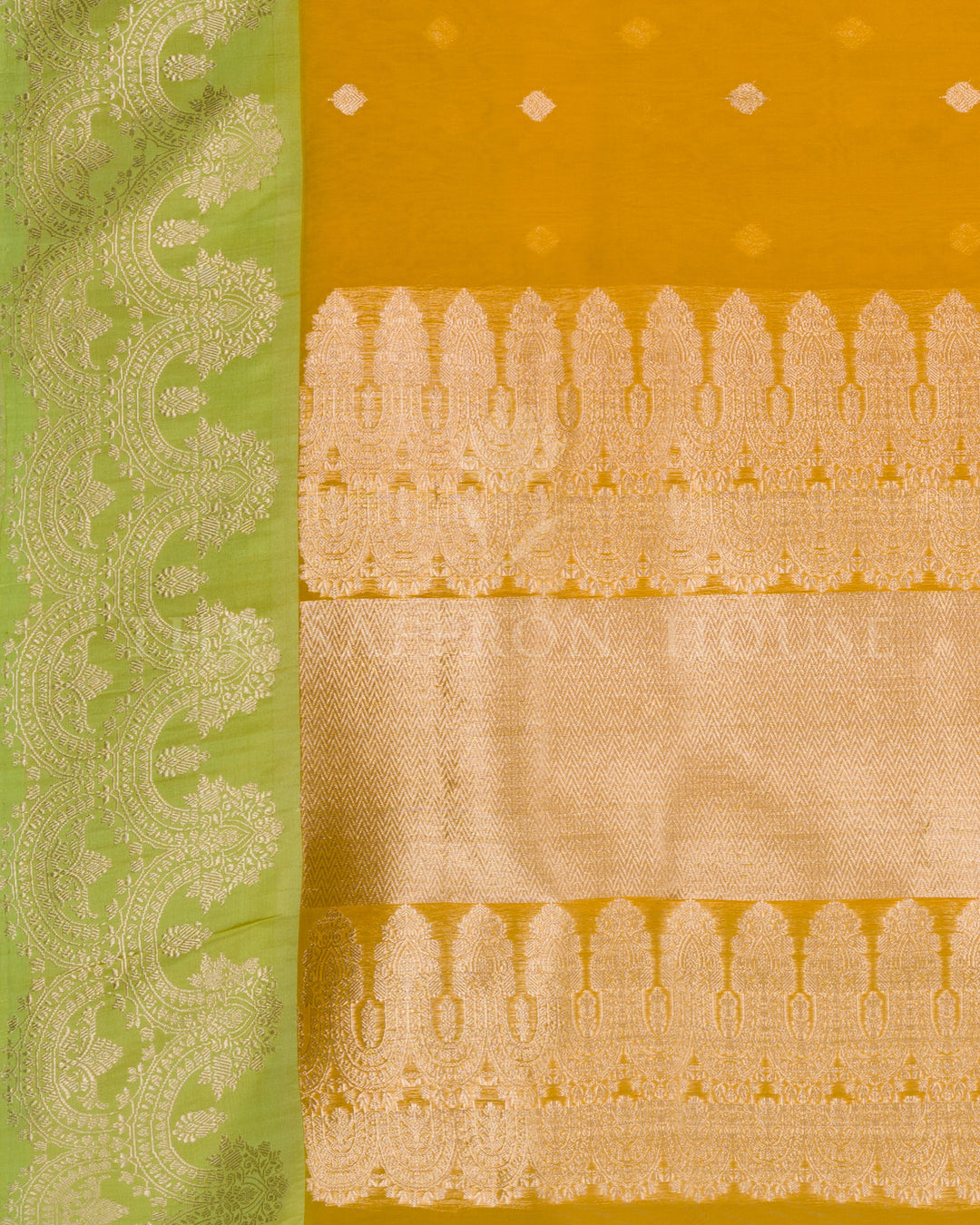 Marigold with Lime Handwoven Kora Banarasi Saree - TSH250510