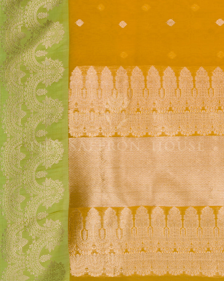 Marigold with Lime Handwoven Kora Banarasi Saree - TSH250510