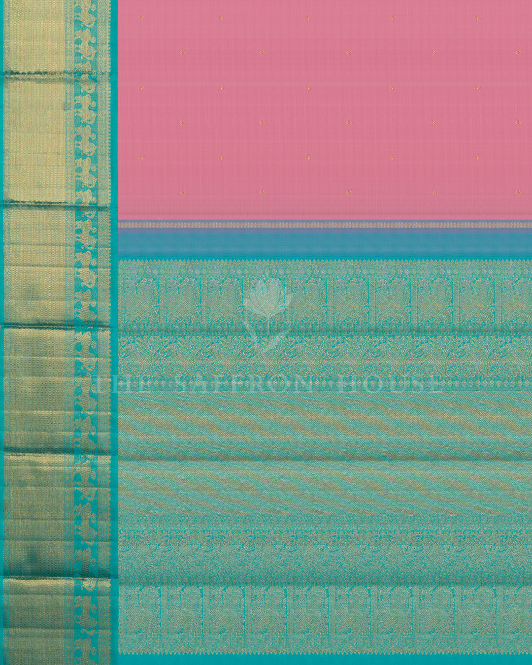 Baby Pink and Turquoise Blue Handwoven Kanjivaram Silk Saree - TSH250030