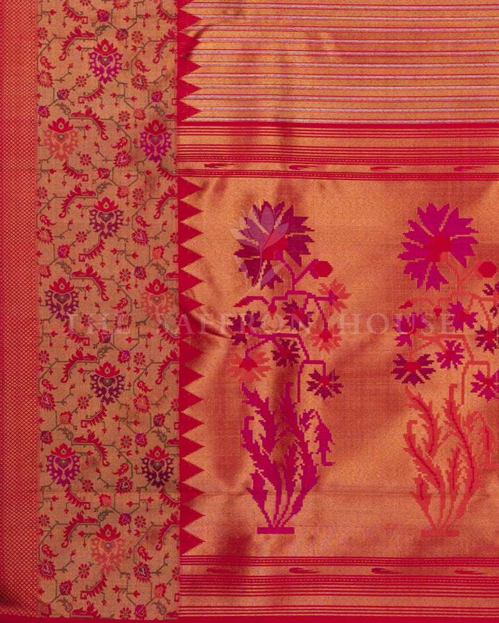 Chilli Red Handwoven Kanjivaram Silk Saree With Paithani Border - TSH250172