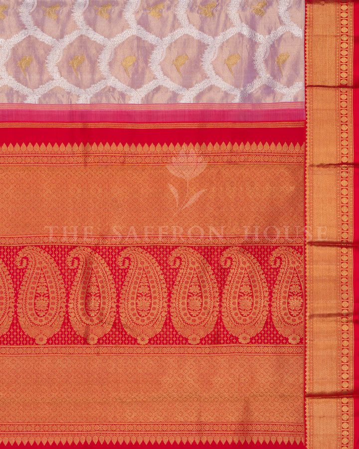 Rose Gold And Chilli Red Handwoven Kanjivaram Silk Saree - TSH250081