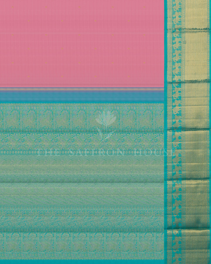 Baby Pink and Turquoise Blue Handwoven Kanjivaram Silk Saree - TSH250030