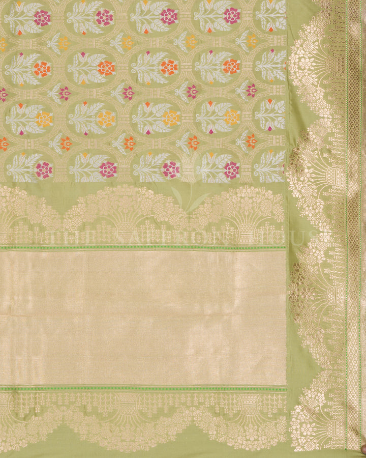 Pistachio Green Handwoven Pure Zari Katan Banarasi Saree with Meenakari Work - TSH250375