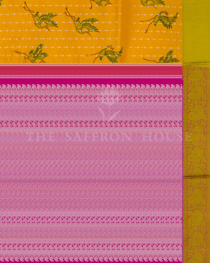 Mustard Yellow Printed Kanjivaram Silk Saree with Ganga Jamuna Border - TSH000010