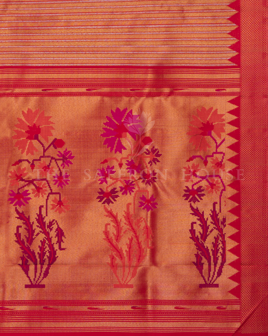 Chilli Red Handwoven Kanjivaram Silk Saree With Paithani Border - TSH250172