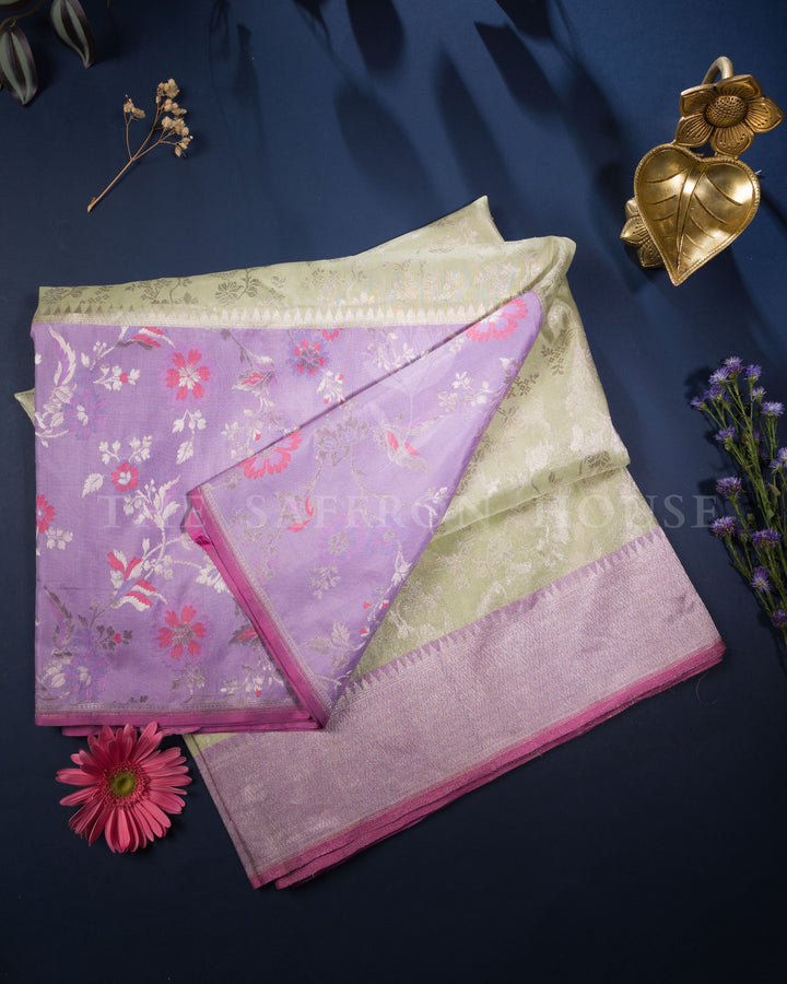 Pastel Olive And Lavender Handwoven Ektara Banaras Saree with Meenakari Work - TSH250512