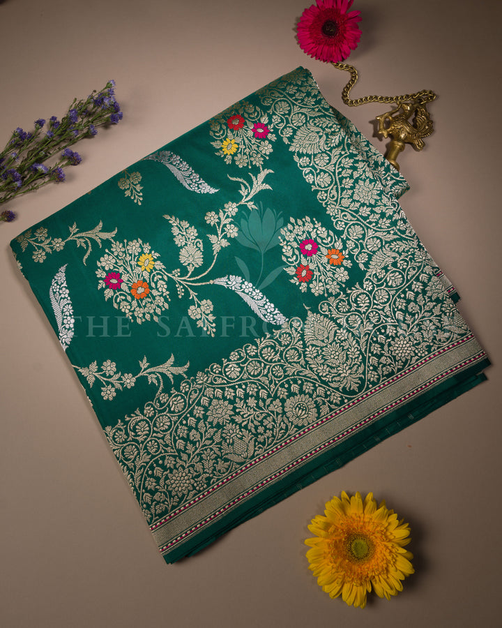 Royal Green Handwoven Katan Banarasi Saree with Meenakari Work – TSH250514