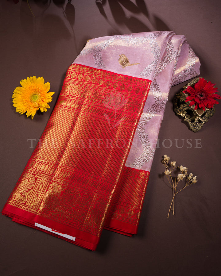 Rose Gold And Chilli Red Handwoven Kanjivaram Silk Saree - TSH250081