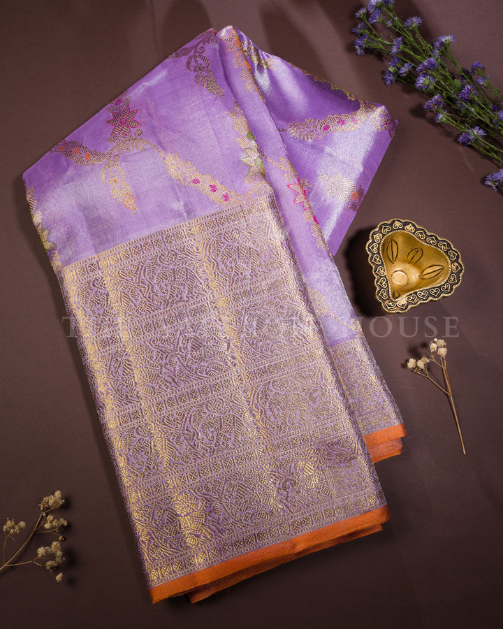 Lavender Handwoven Kanjivaram Silk Tissue Saree with Meenakari Work - TSH250087