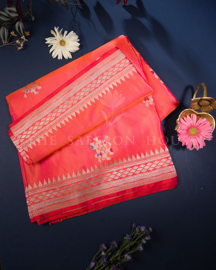 Vermilion Red Handwoven Mashru Banarasi Saree with Meenakari Work - TSH250515