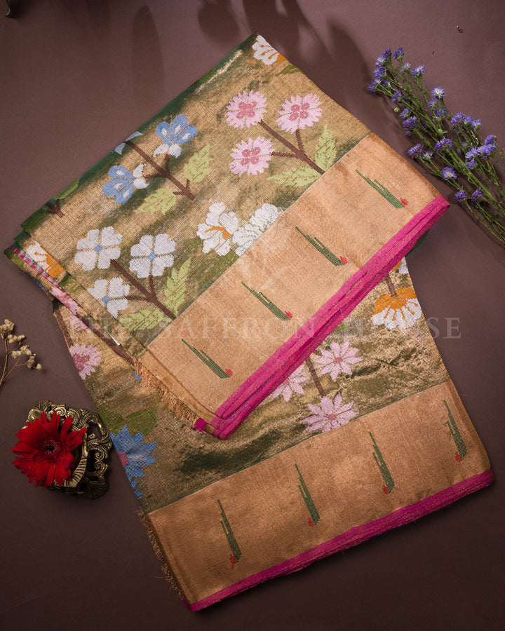 Ochre And Magenta Handwoven Pure Zari Kota Doria Saree - TSH126