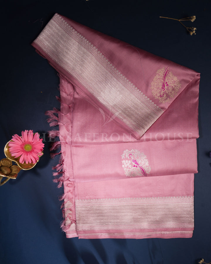 Dusty Rose Handwoven Katan Banarasi Saree with Meenakari Work - TSH6027