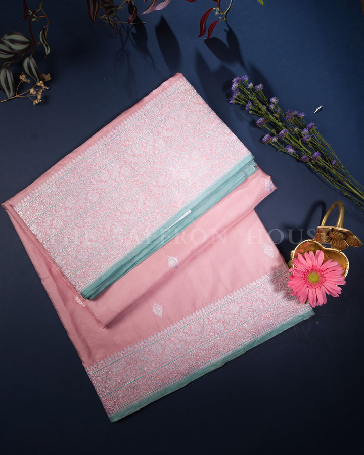 Rose Pink And Mint Handwoven Ek-Tar Banarasi Saree - TSH250362