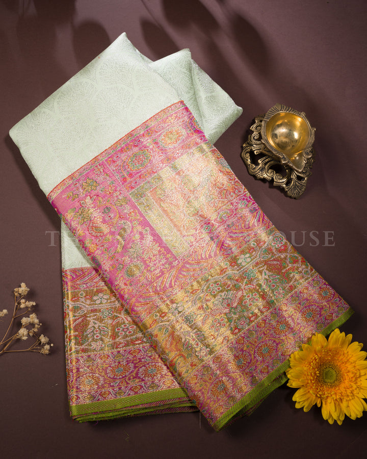 Pistachio Green Handwoven Jamdani Kanjivaram Silk Saree with Meenakari Work - TSH250088