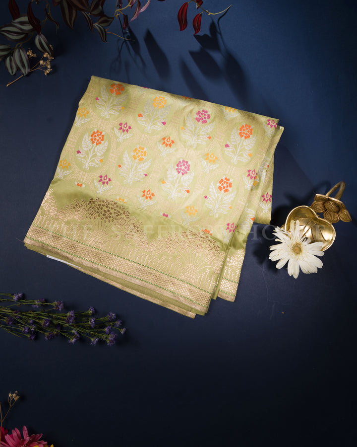 Pistachio Green Handwoven Pure Zari Katan Banarasi Saree with Meenakari Work - TSH250375