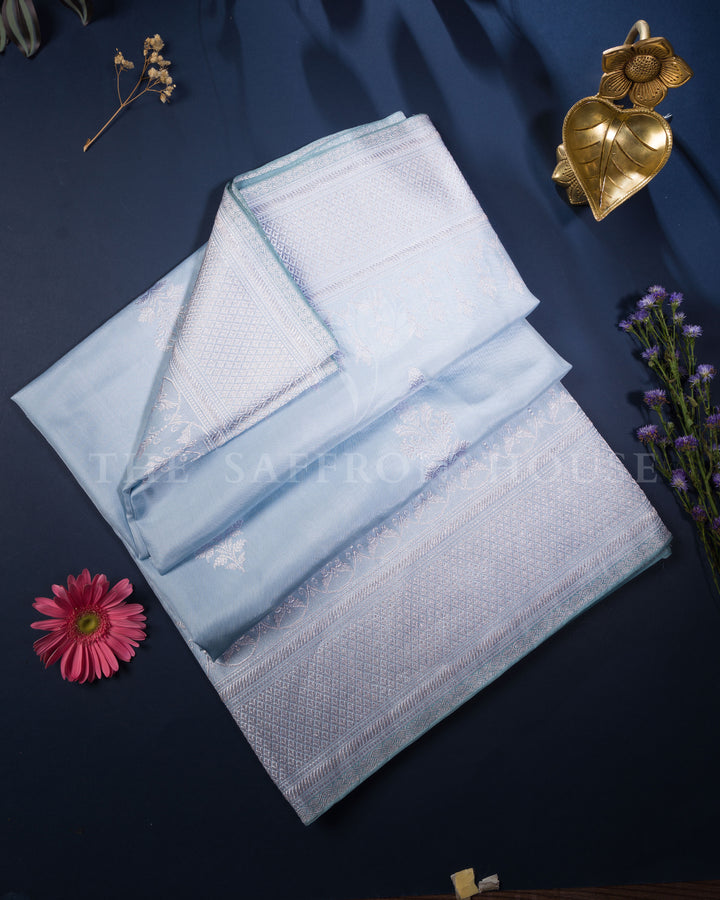 Sky Blue Handwoven Mashru Banarasi Saree - TSH250355