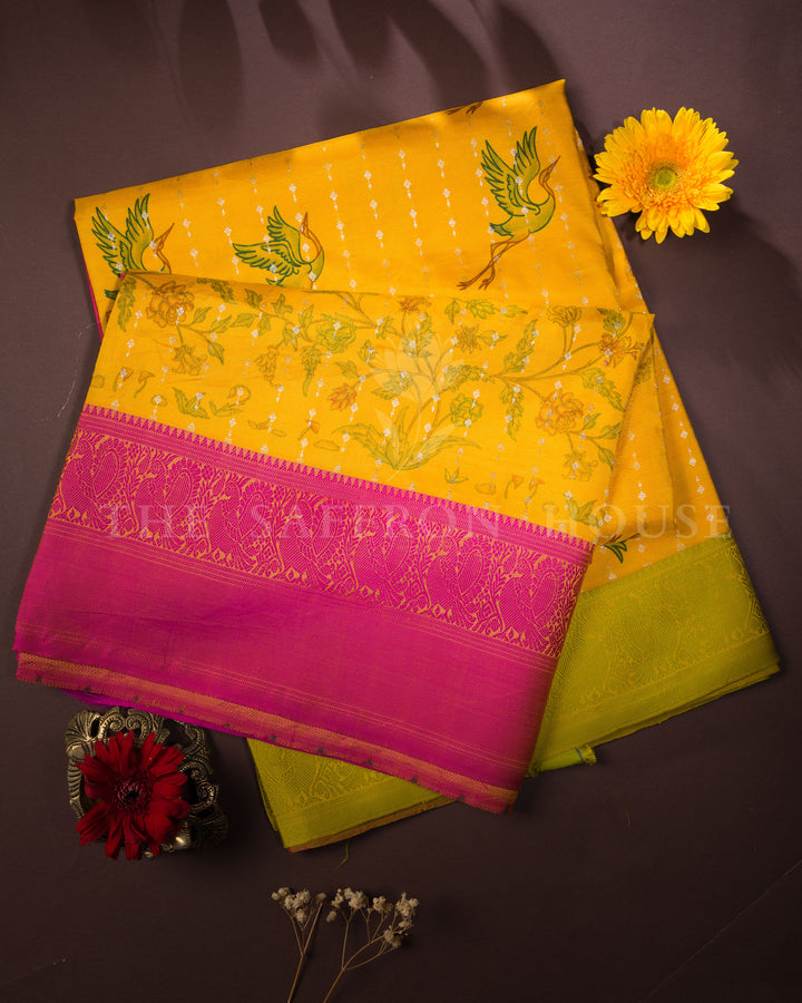 Mustard Yellow Printed Kanjivaram Silk Saree with Ganga Jamuna Border - TSH000010
