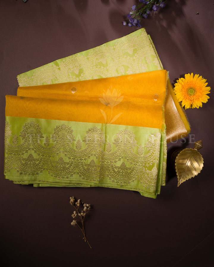 Marigold with Lime Handwoven Kora Banarasi Saree - TSH250510