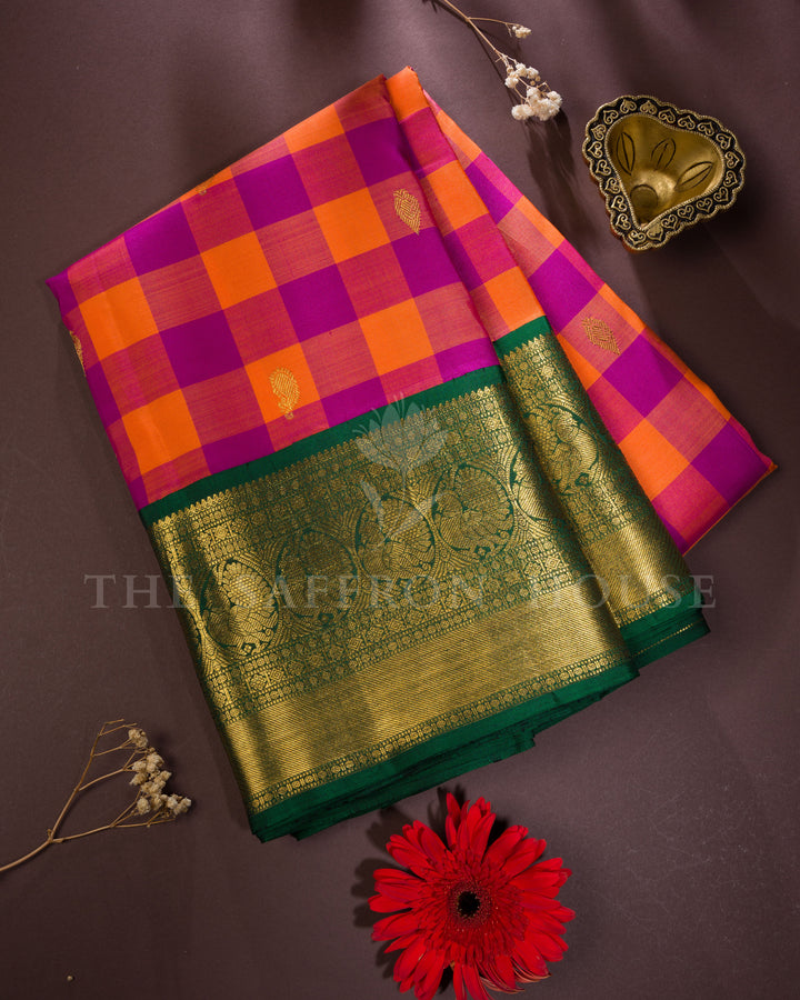 Orange & Magenta Handwoven Korvai Kanjivaram Silk Saree - TSH250178