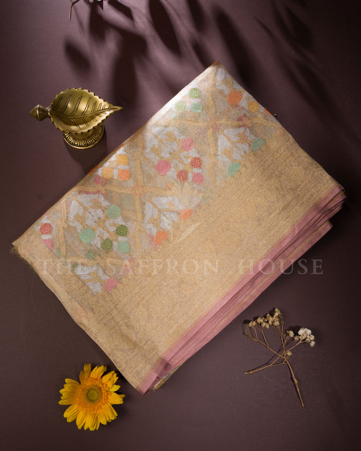 Champagne Gold Handwoven Cutwork Jamdani Kora Silk Saree with Meenakari Work - TSH250501