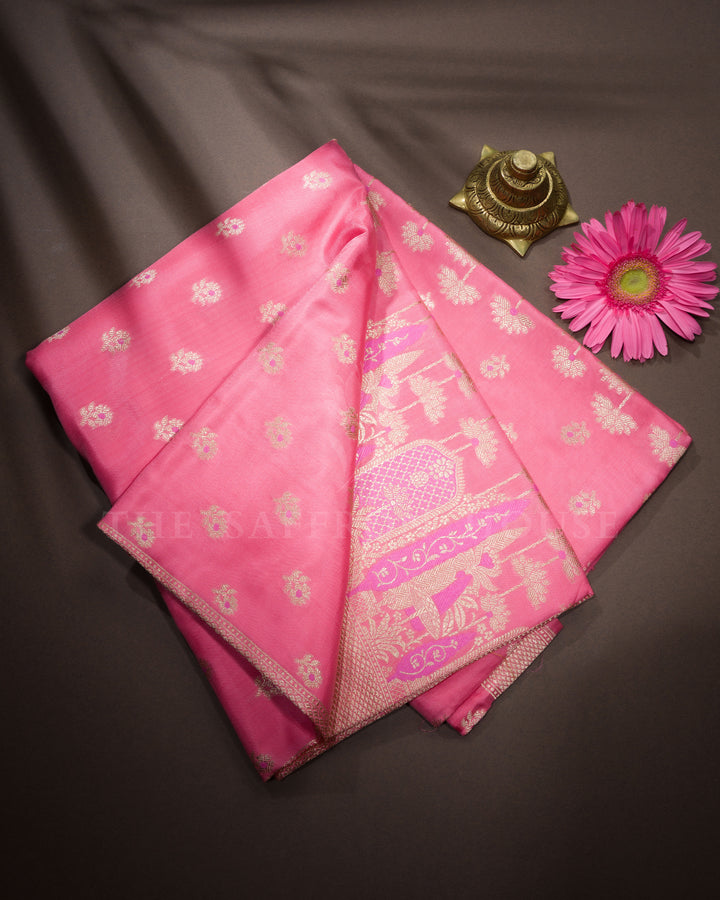 Peach Pink Handwoven Banaras Silk Saree - TSH2506143