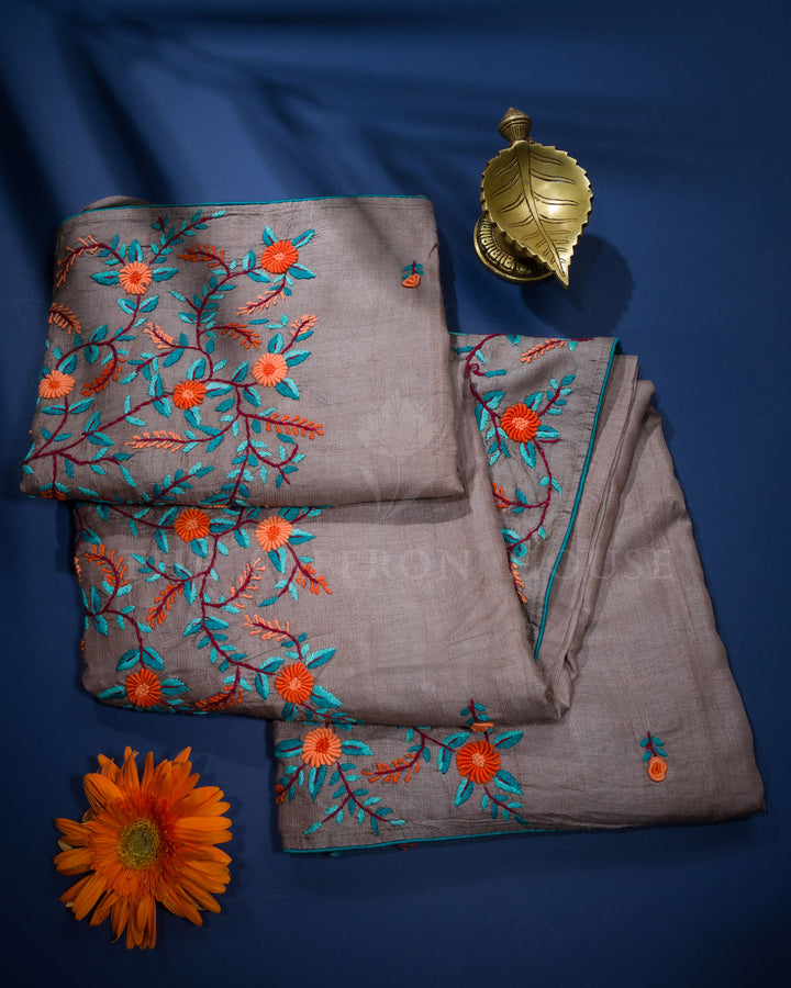 Dark Grey Handwoven Tussar Silk Saree - TSH846002
