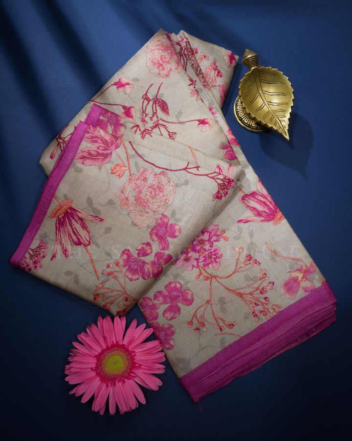 Beige Printed Tussar Silk Saree - TSH8460080