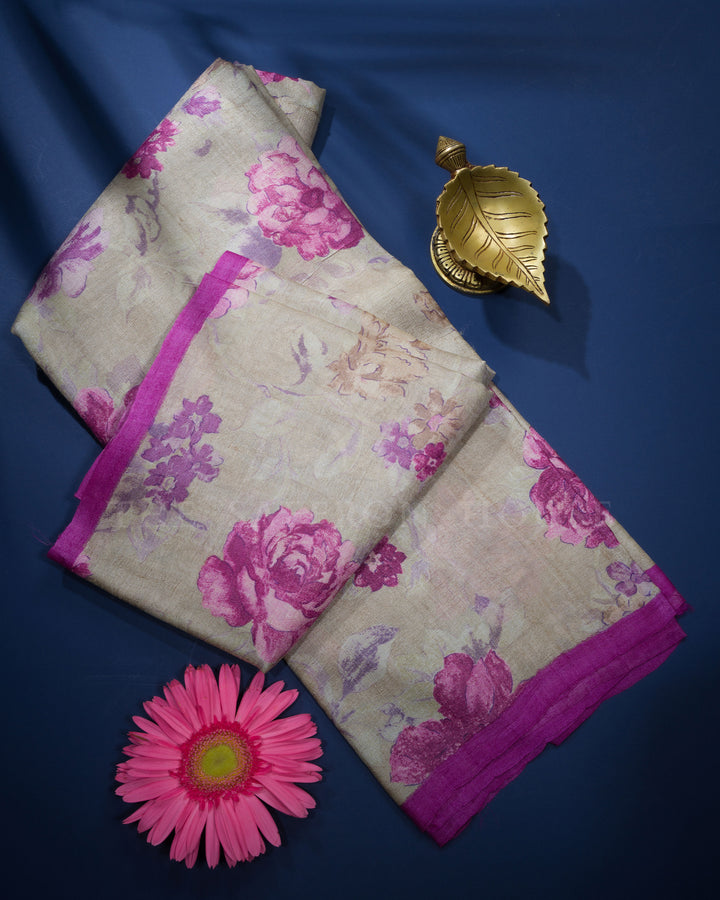 Beige Printed Tussar Silk Saree - TSH8460082