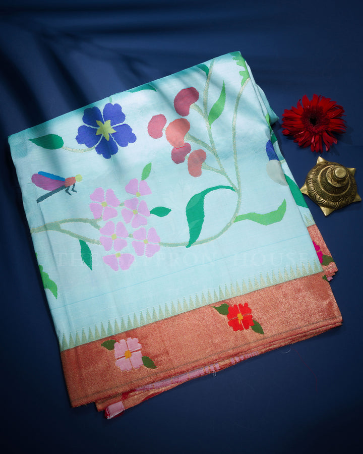 Sky Blue And Red Handwoven Paithani Saree - TSH2506069