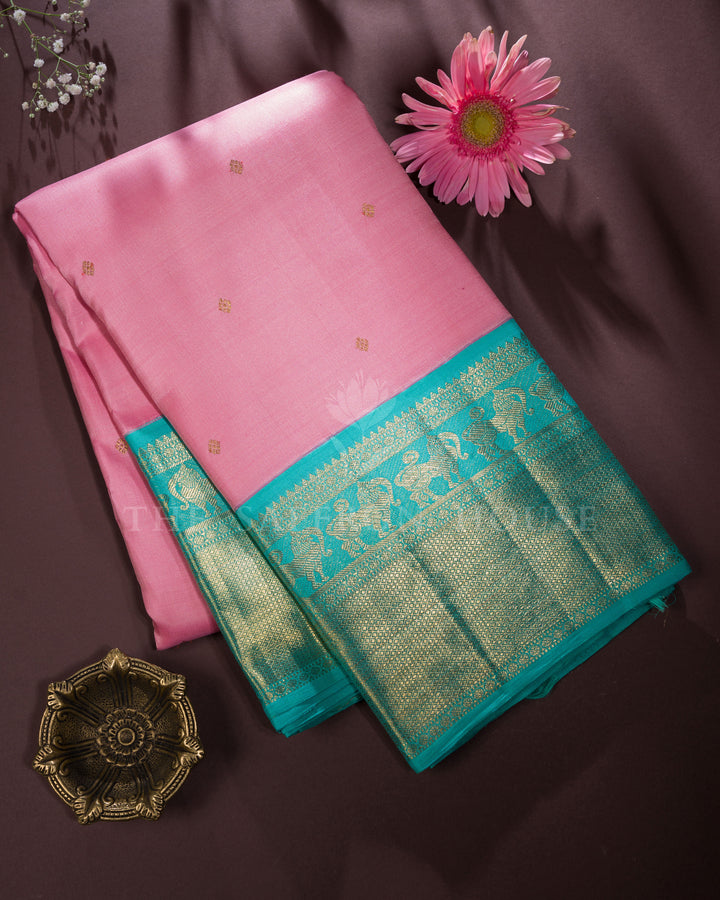 Baby Pink and Turquoise Blue Handwoven Kanjivaram Silk Saree - TSH250030