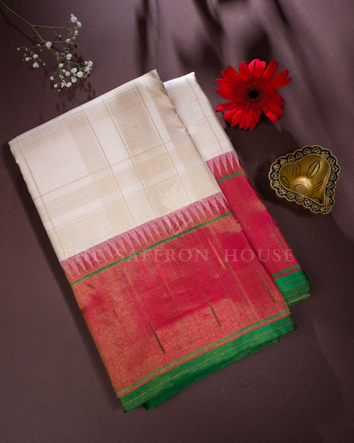 Handloom Kanjivaram Silk Saree in Off White And Rust Orange - TSH250057