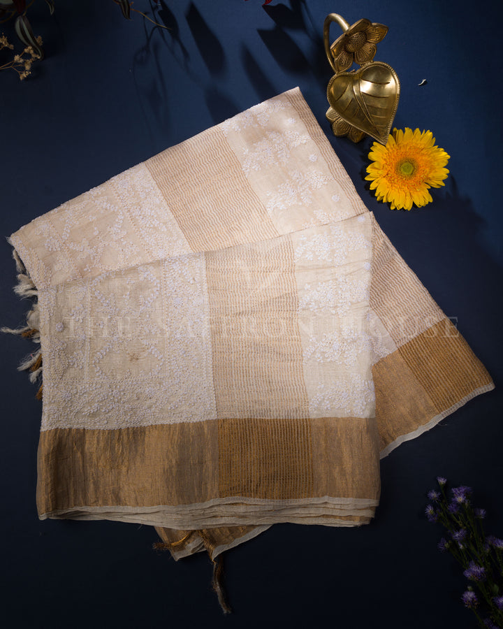 Beige Tussar Silk Chikankari Saree - TSH250532