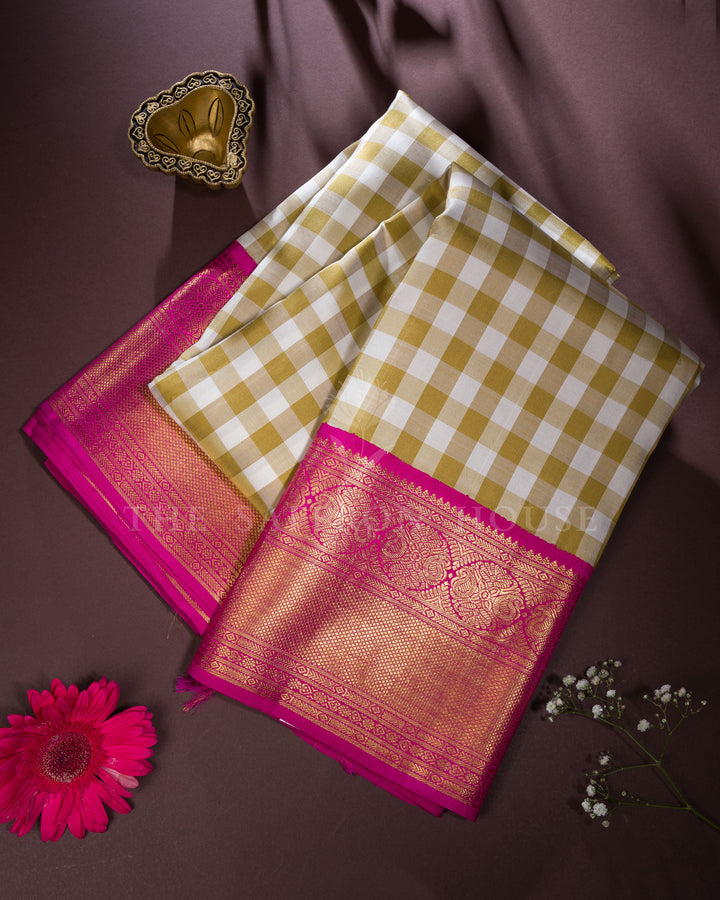 White and Mustard Handwoven Kanjivaram Silk Saree - TSH123