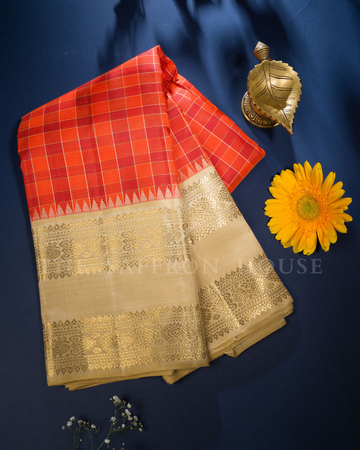 Orange And Ivory Handwoven Rettapet Kanjivaram Silk Saree - TSH250074